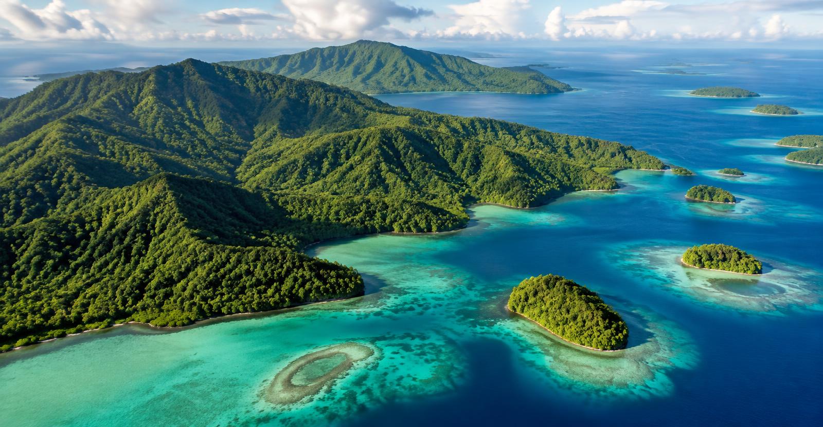 Rainforest-covered Bougainville islands meeting a turquoise lagoon